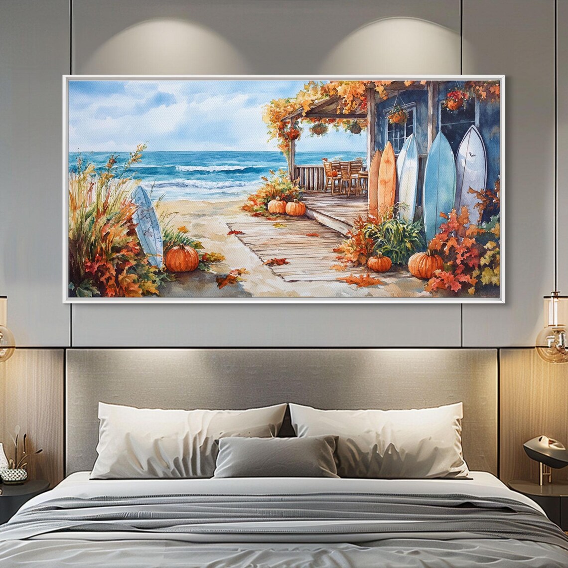 Beach House Porch Pumpkins Surfboards Boardwalk Ocean View Art Print