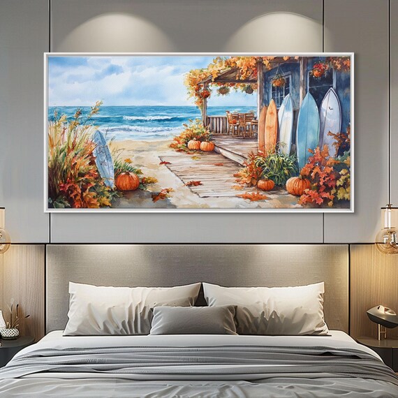 Beach House Porch Pumpkins Surfboards Boardwalk Ocean View Art Print