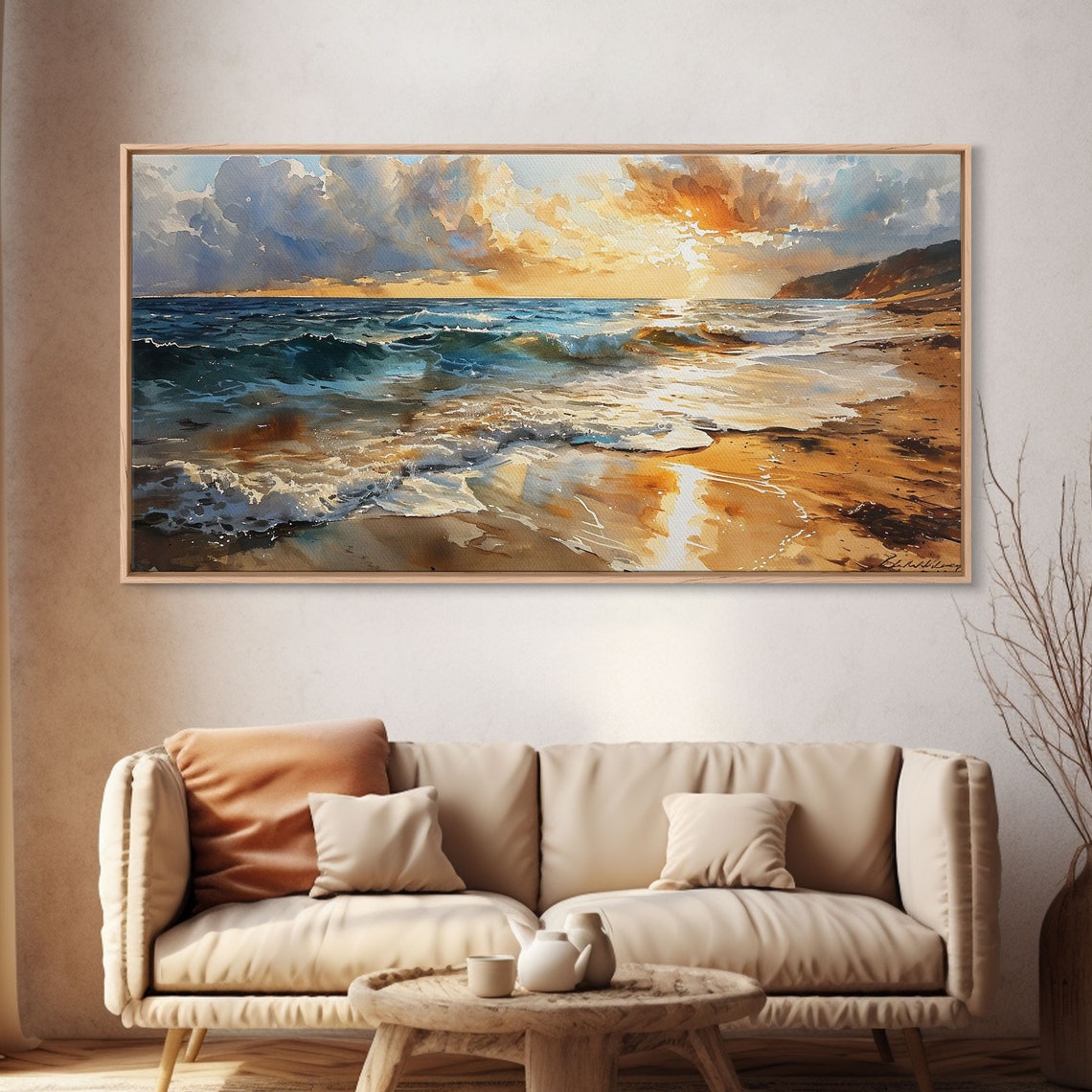 Golden Sunset Beach Waves Ocean Shoreline Watercolor Seaside Poster - Image 4