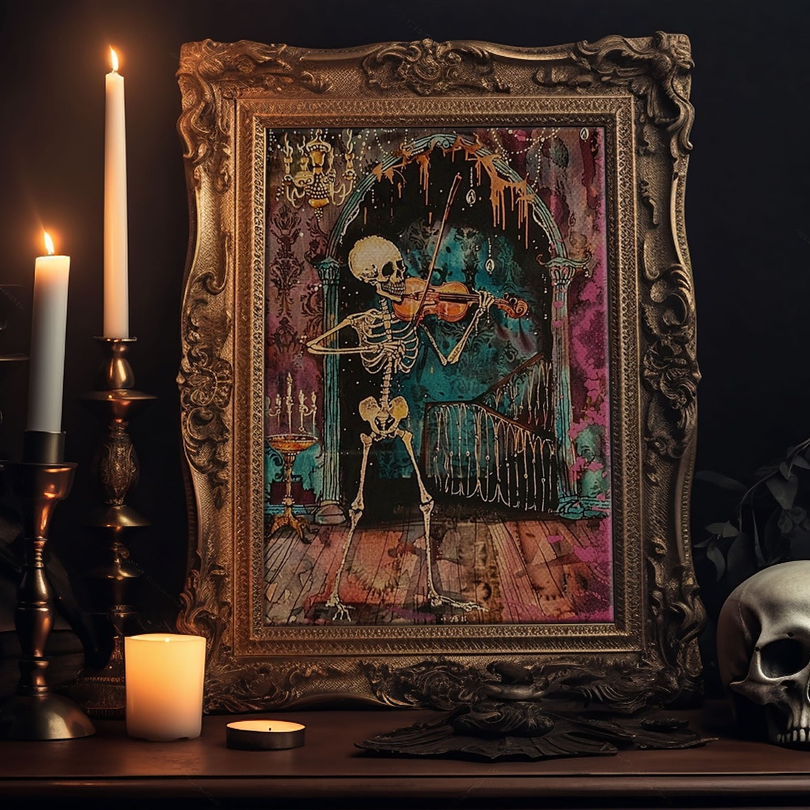 Skeleton Violinist Gothic Ballroom Chandelier Halloween Art Poster - Image 6