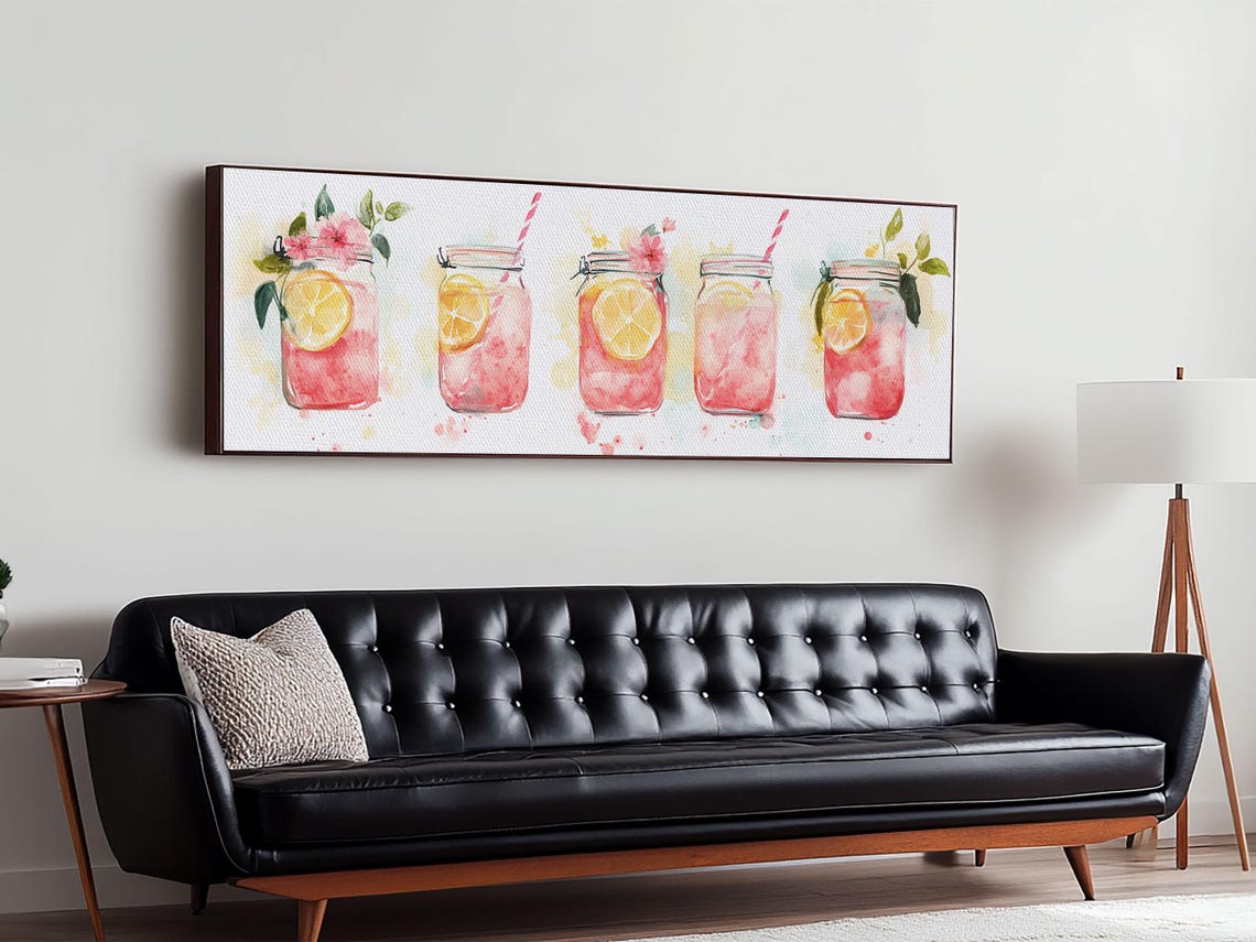 Pink Lemonade Mason Jars Row Watercolor Kitchen Panoramic Art Poster - Image 3