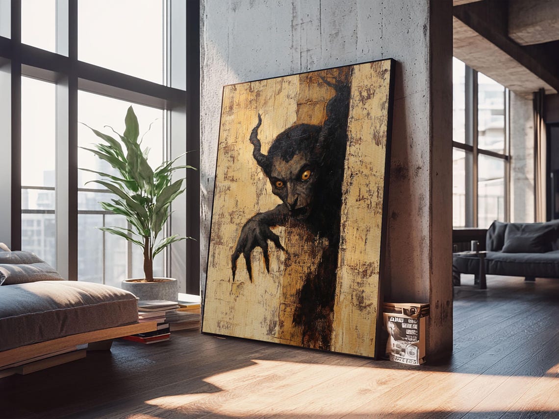 Horned Demon Peeking Around Wall Dark Horror Painting Poster - Image 2