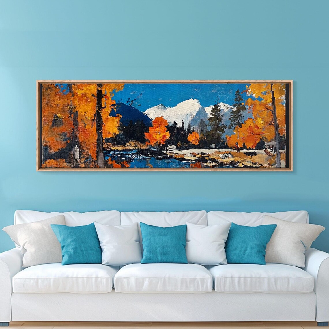 Fall Woodland Stream Golden Birches Snow Capped Mountain Poster