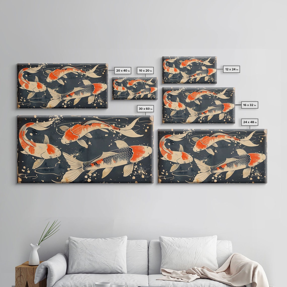 Japanese Koi Fish Trio Ukiyo E Style Dark Teal Water Zen Art Poster - Image 2