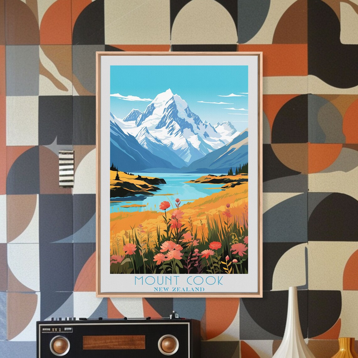 Mount Cook New Zealand Snow Peak Alpine Lake Wildflower Travel Poster