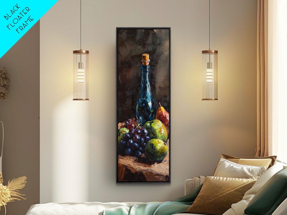 Dark Wine Bottle Grapes Pears Moody Still Life Oil Painting Poster - Image 6