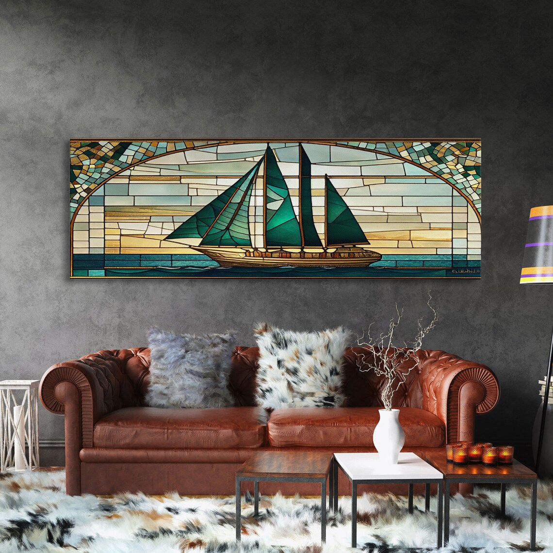 Panoramic Art Deco Sail Boat Stained Glass Art Print - Image 3