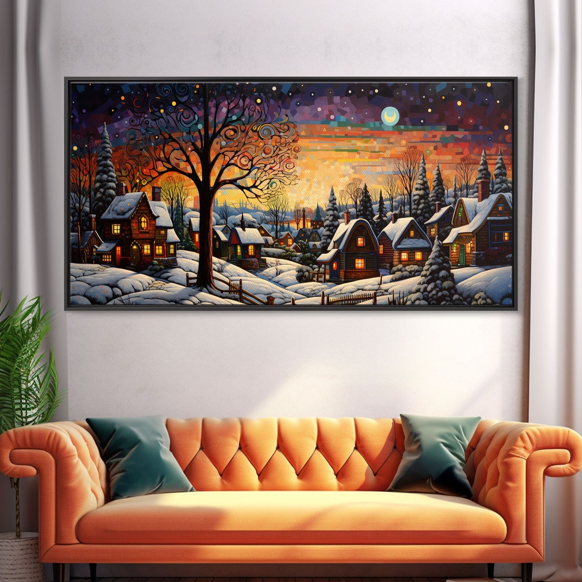 Snowy Christmas Village Night Colorful Starry Sky Panoramic Poster - Image 5