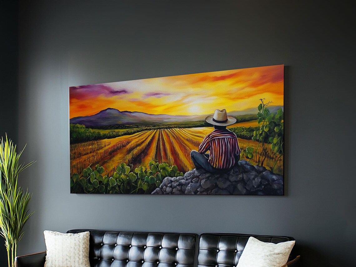 Mexican Rancher at Sunset Oil Painting Cowboy Hat Over Farm Fields Art - Image 5
