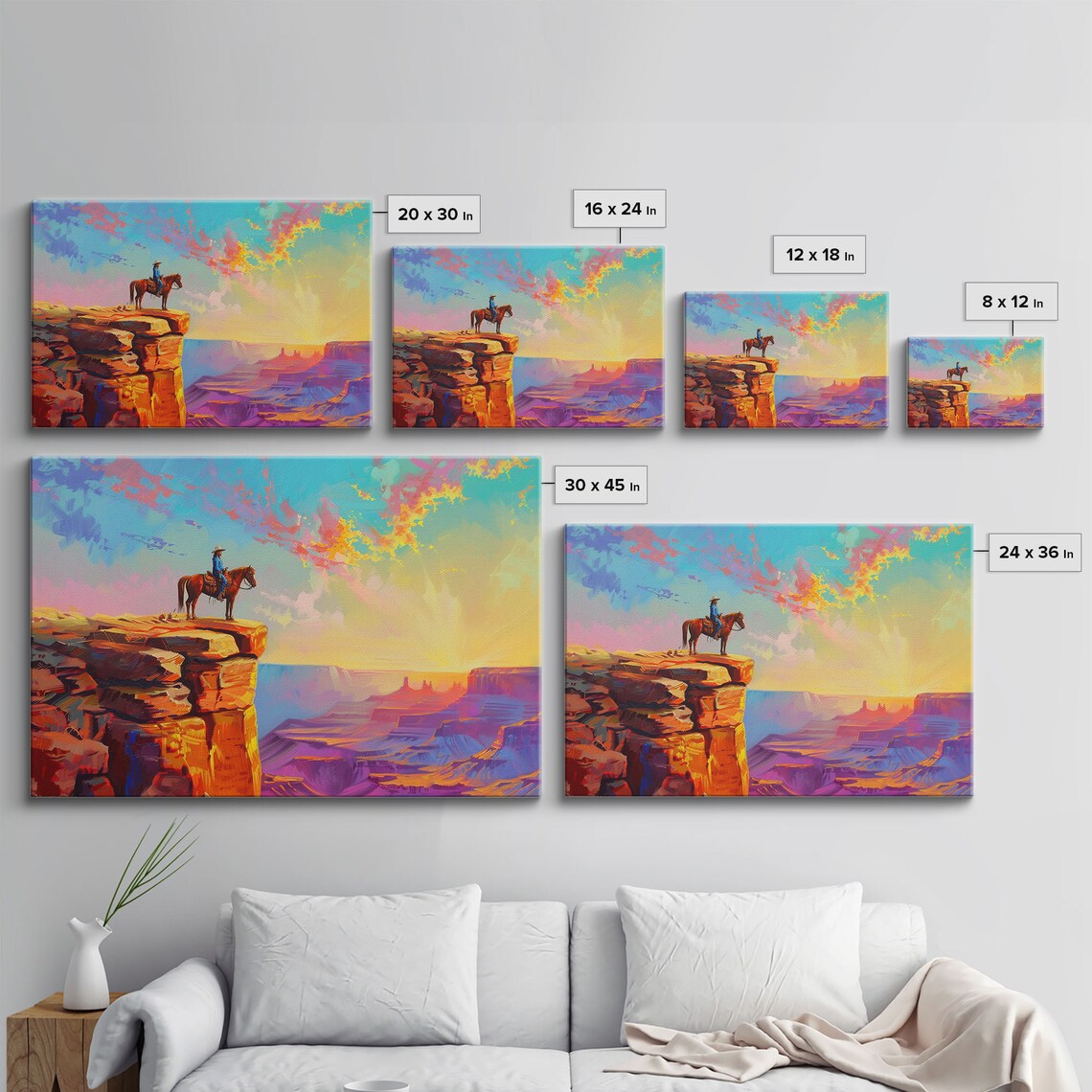 Cowboy Horseback Desert Canyon Sunrise Vibrant Color Art Poster - Image 2