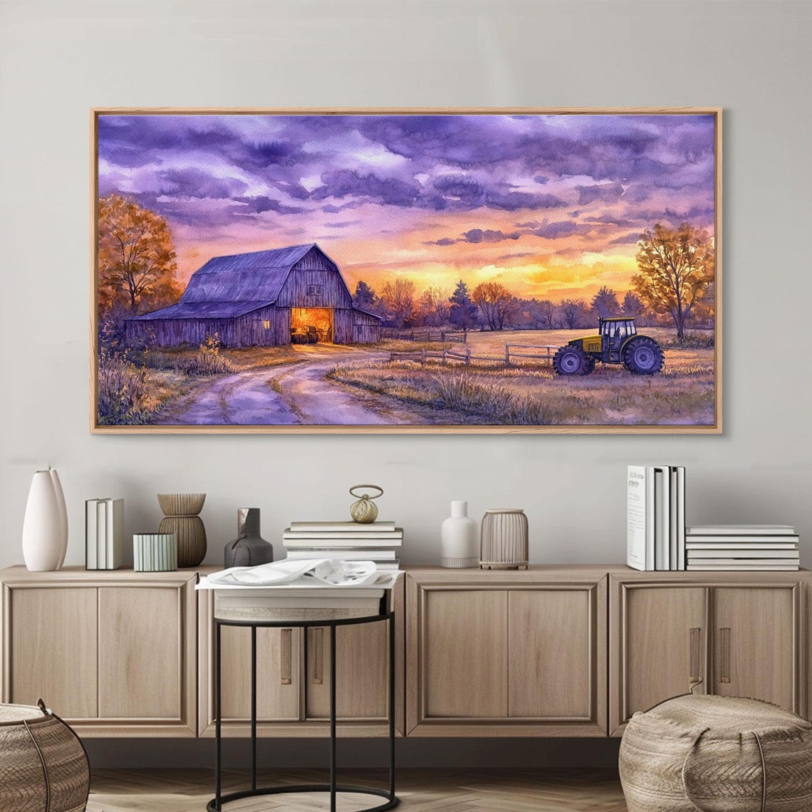 Purple Sunset Sky Barn With Tractor Glowing Farmhouse Art Print