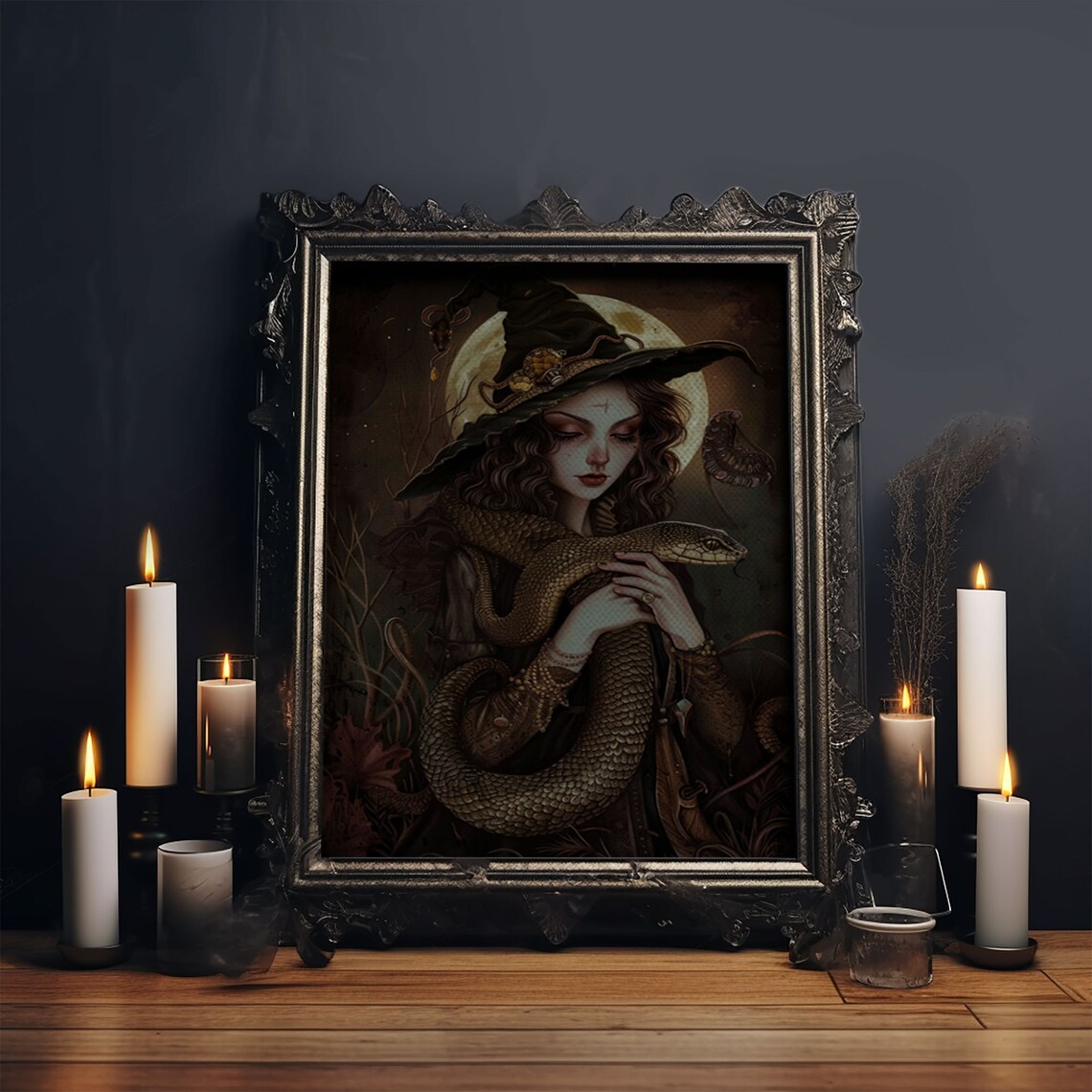 Witch Holding Snake Under Full Moon, Gothic Art Print - Image 6