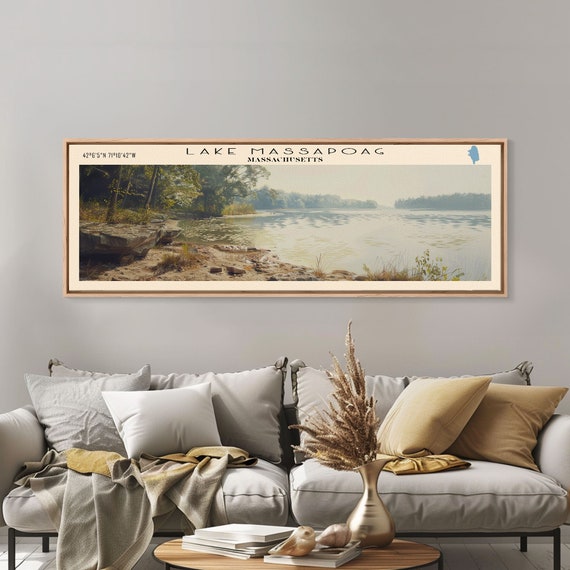 Lake Massapoag Massachusetts Framed Print Lake House Decor Panoramic Wall Art Travel Poster Serene Waterscape Painting Boho Art