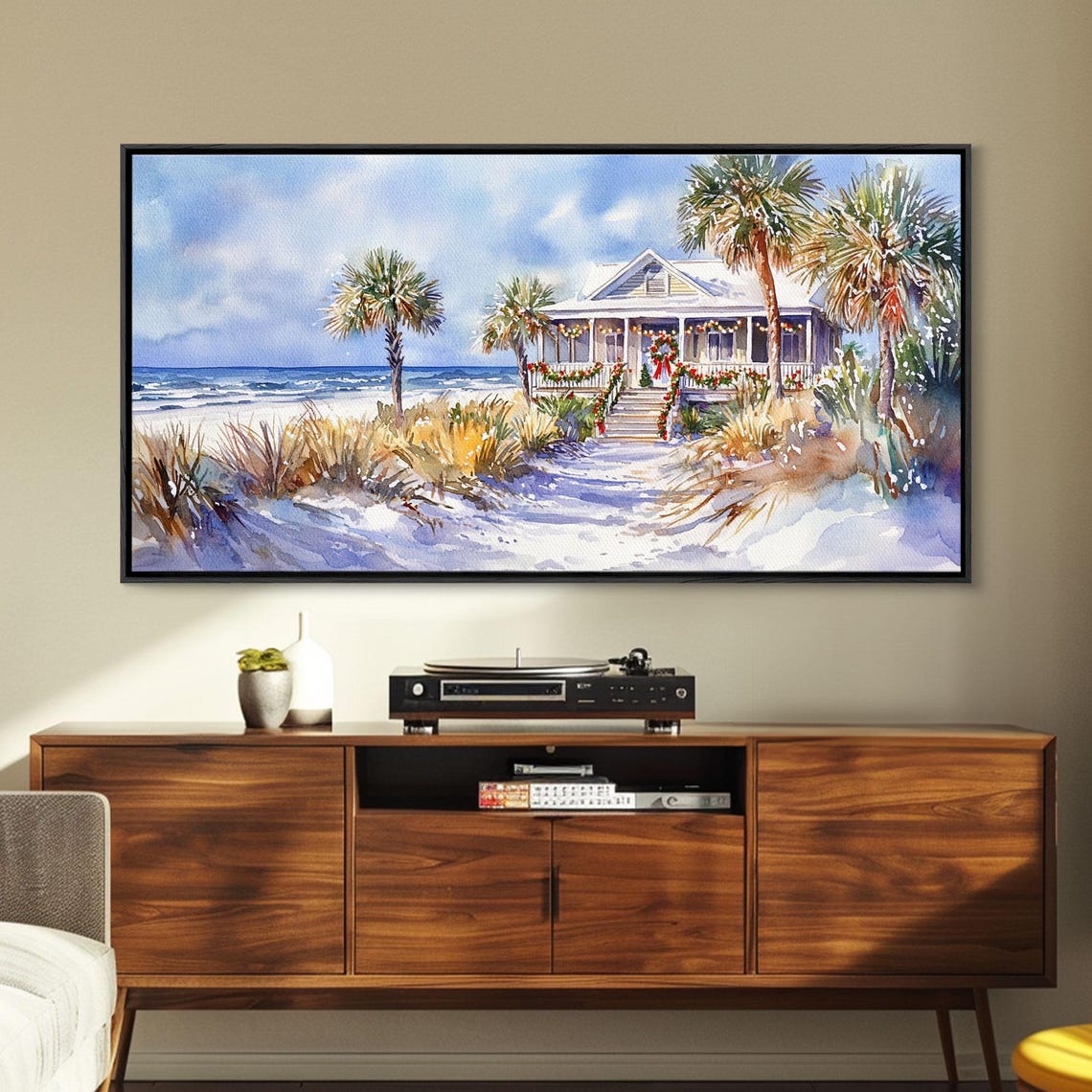 Sunny Tropical Beach House Christmas Palms Ocean Waves Art Print - Image 2