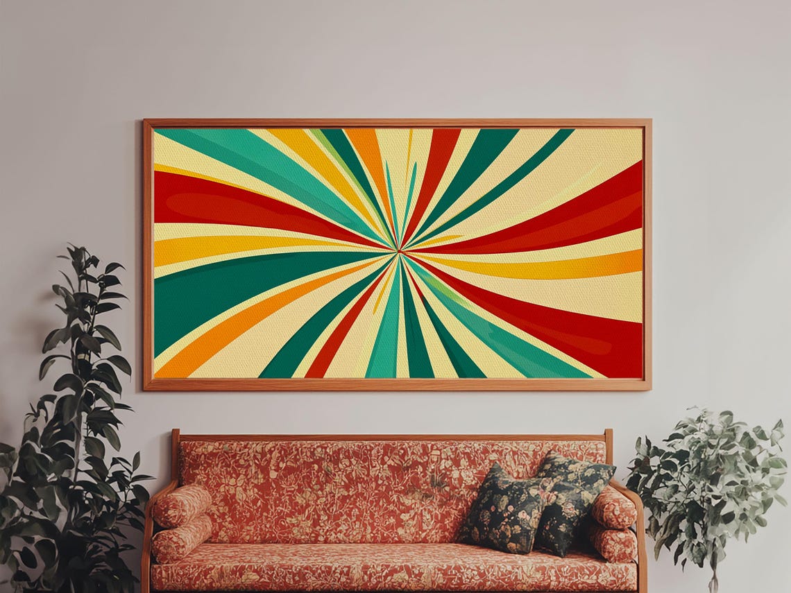 Retro Psychedelic Starburst Sun Rays Teal Red Yellow Atomic Print - Image 6