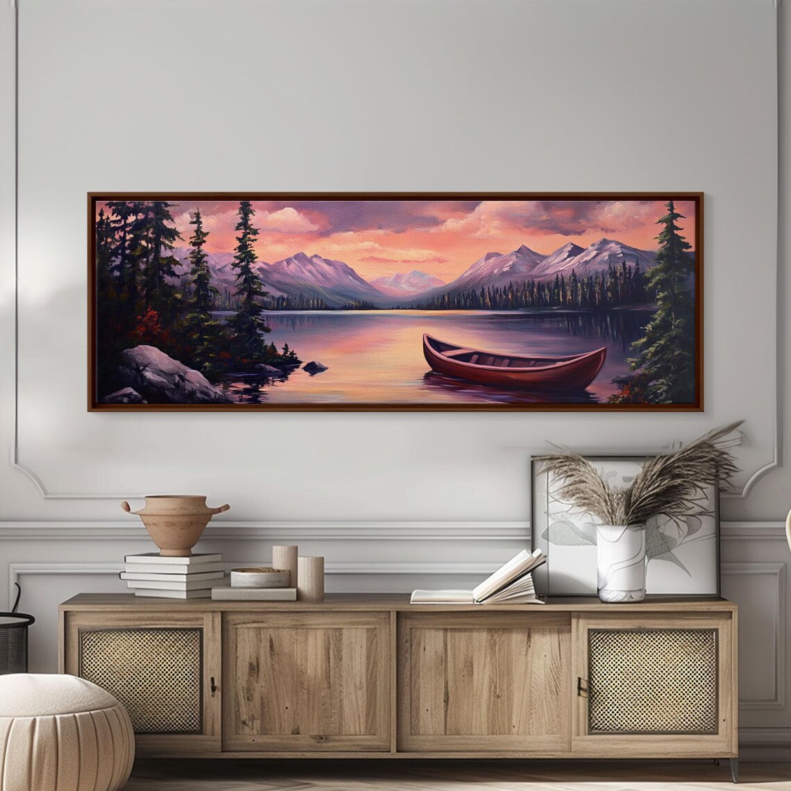 Pink Sunset Mountain Lake Red Canoe Pine Shore Landscape Poster - Image 3