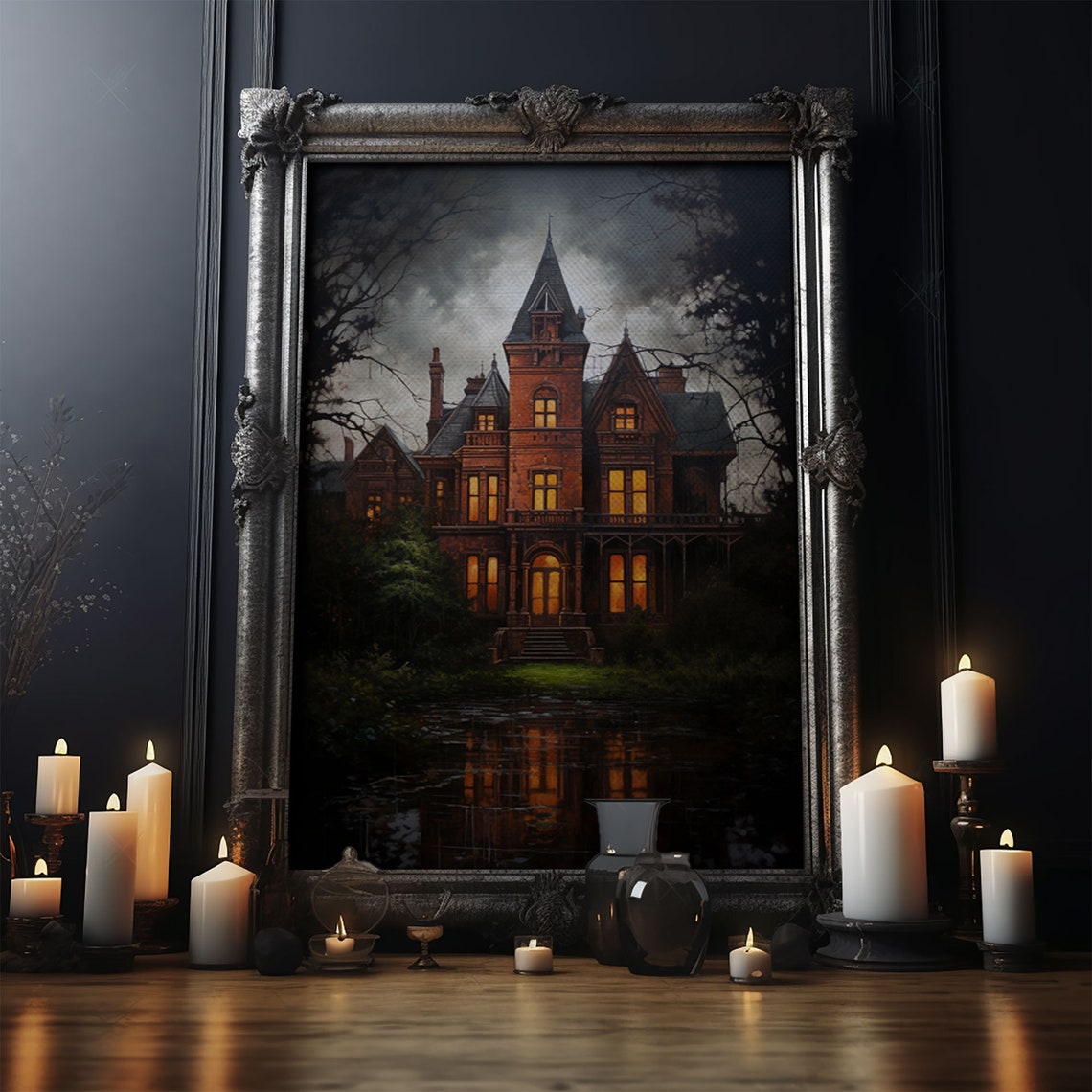 Haunted Victorian Mansion Night Glowing Windows Dark Gothic Art Poster - Image 4