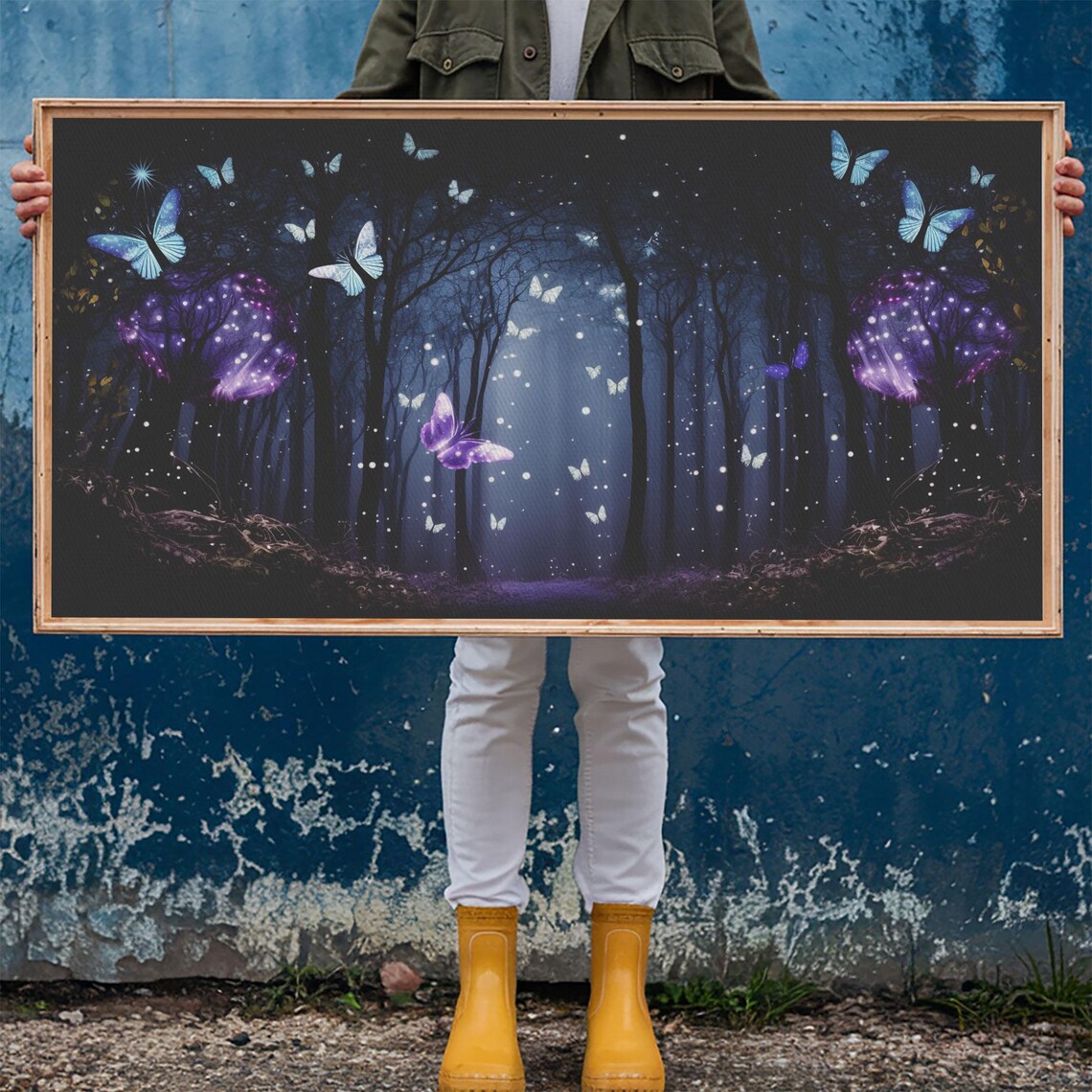 Glowing Butterflies Night Forest Purple Blue Magic Sparkle Fairy Poster