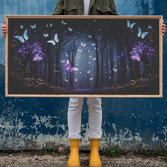 Glowing Butterflies Night Forest Purple Blue Magic Sparkle Fairy Poster