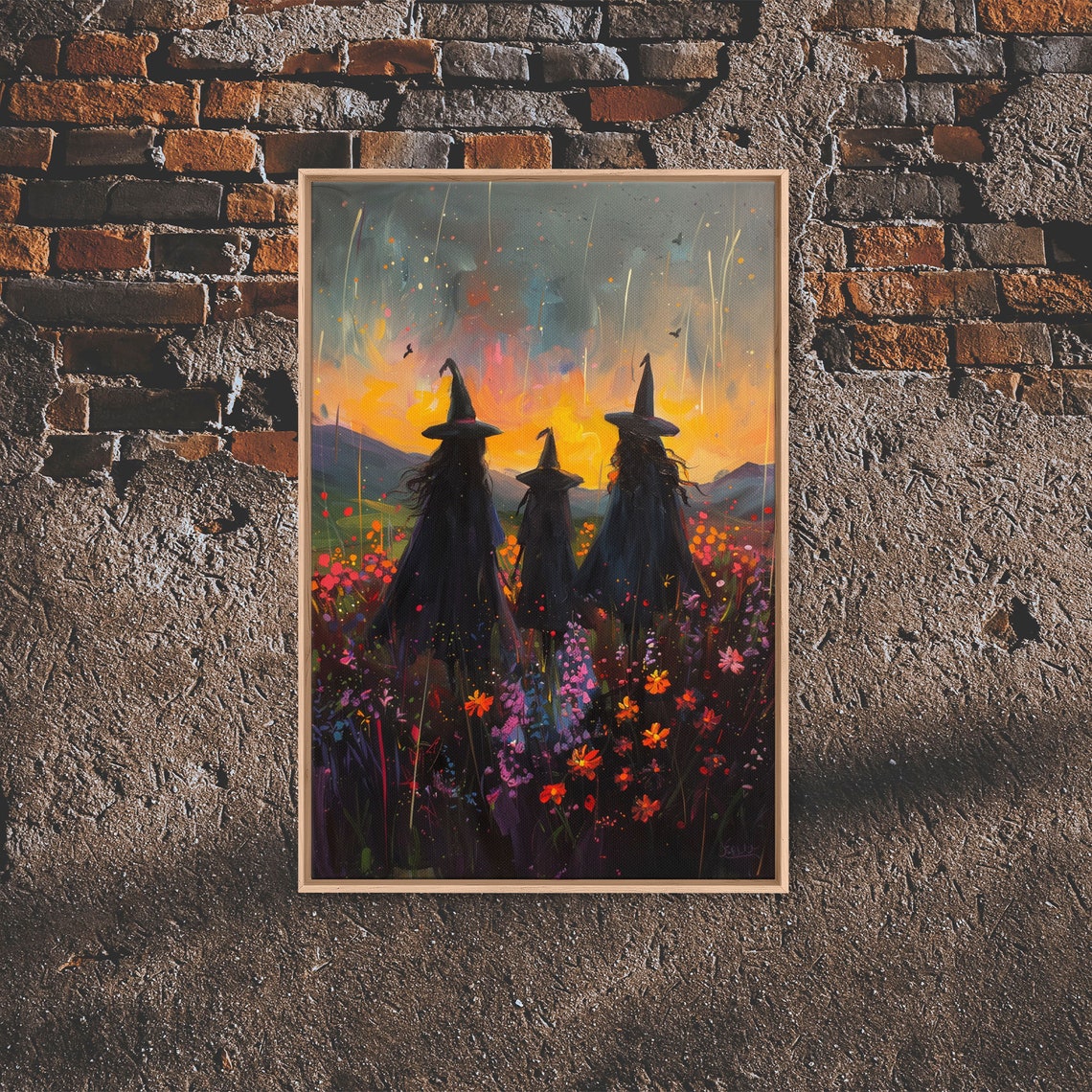 Three Witches Sunset Silhouettes Wildflower Field Painterly Poster - Image 5