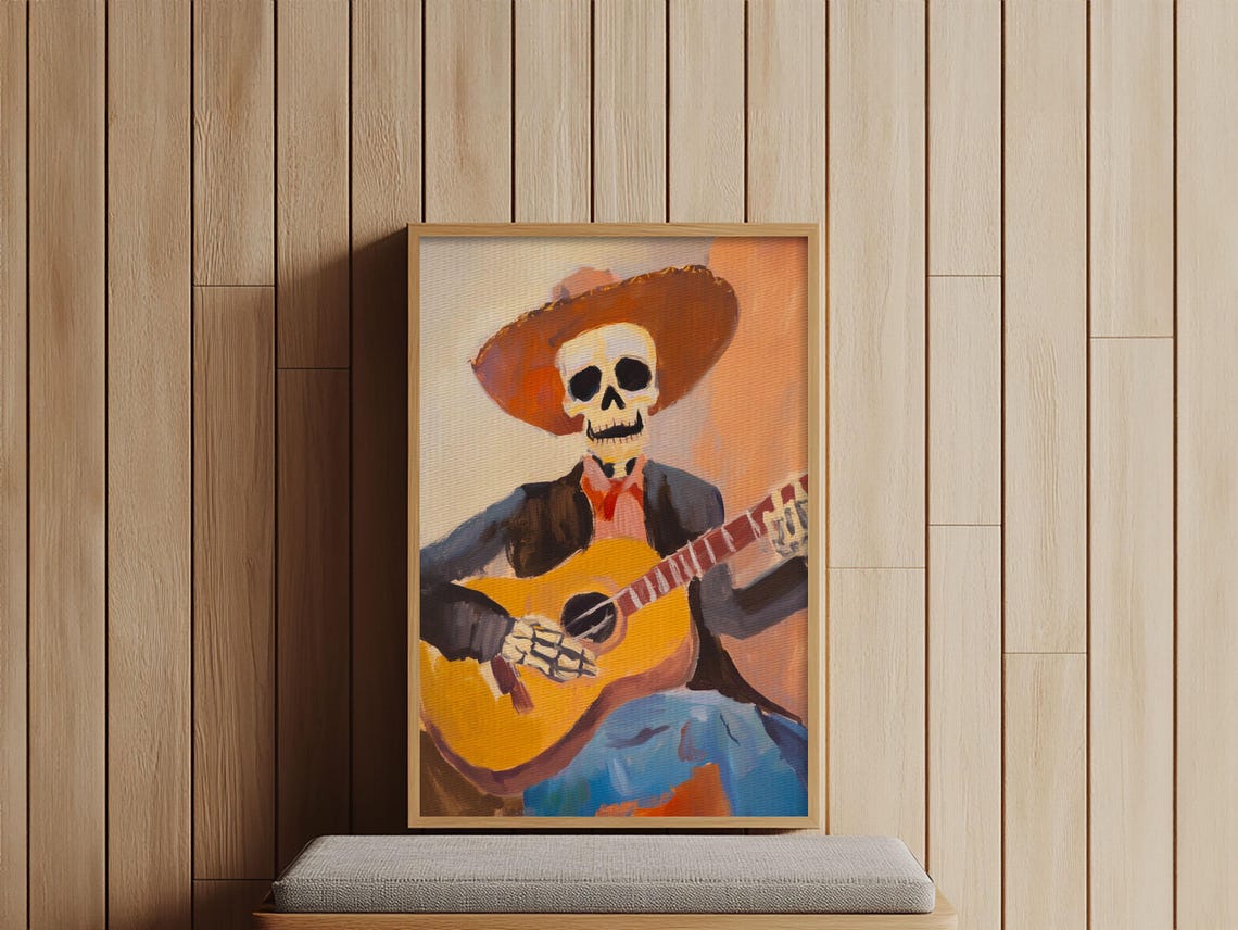 Skeleton Cowboy Guitar Player Dia De Muertos Folk Art Wall Poster - Image 4