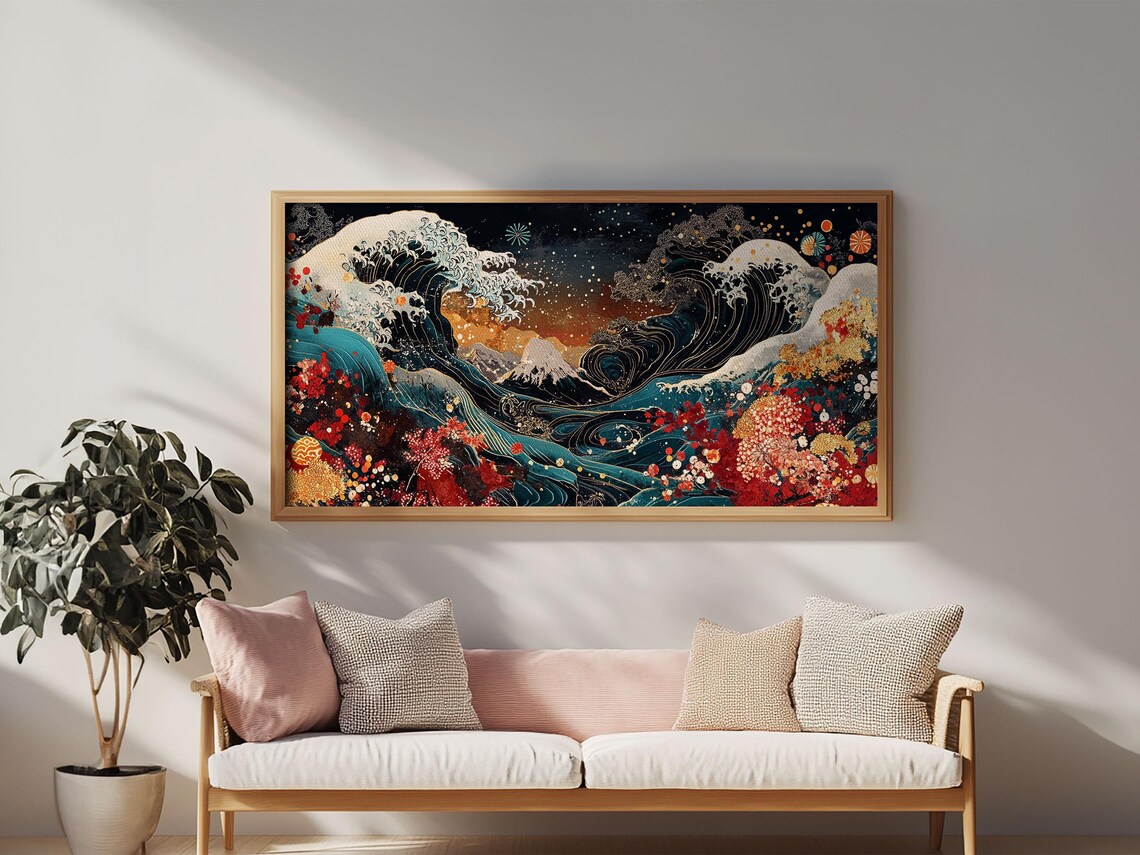 Japanese Great Wave Mt Fuji Cherry Blossom Floral Ukiyoe Style Wall Art Print
