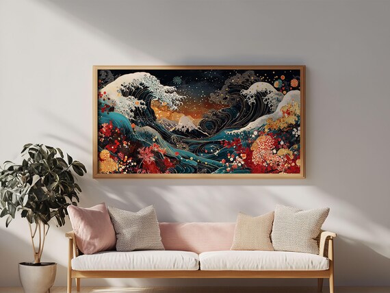 Japanese Great Wave Mt Fuji Cherry Blossom Floral Ukiyoe Style Wall Art Print