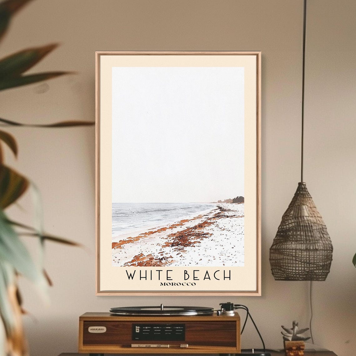 White Beach Morocco Serene Sandy Shore Misty Morning Minimalist Poster - Image 3