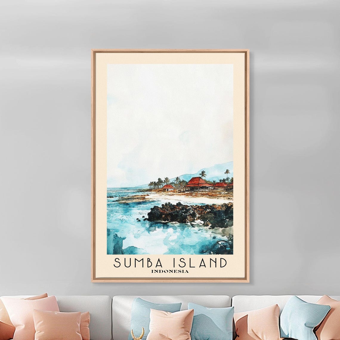 Sumba Island Indonesia Rocky Coast Red Roof Huts Palm Trees Poster - Image 2
