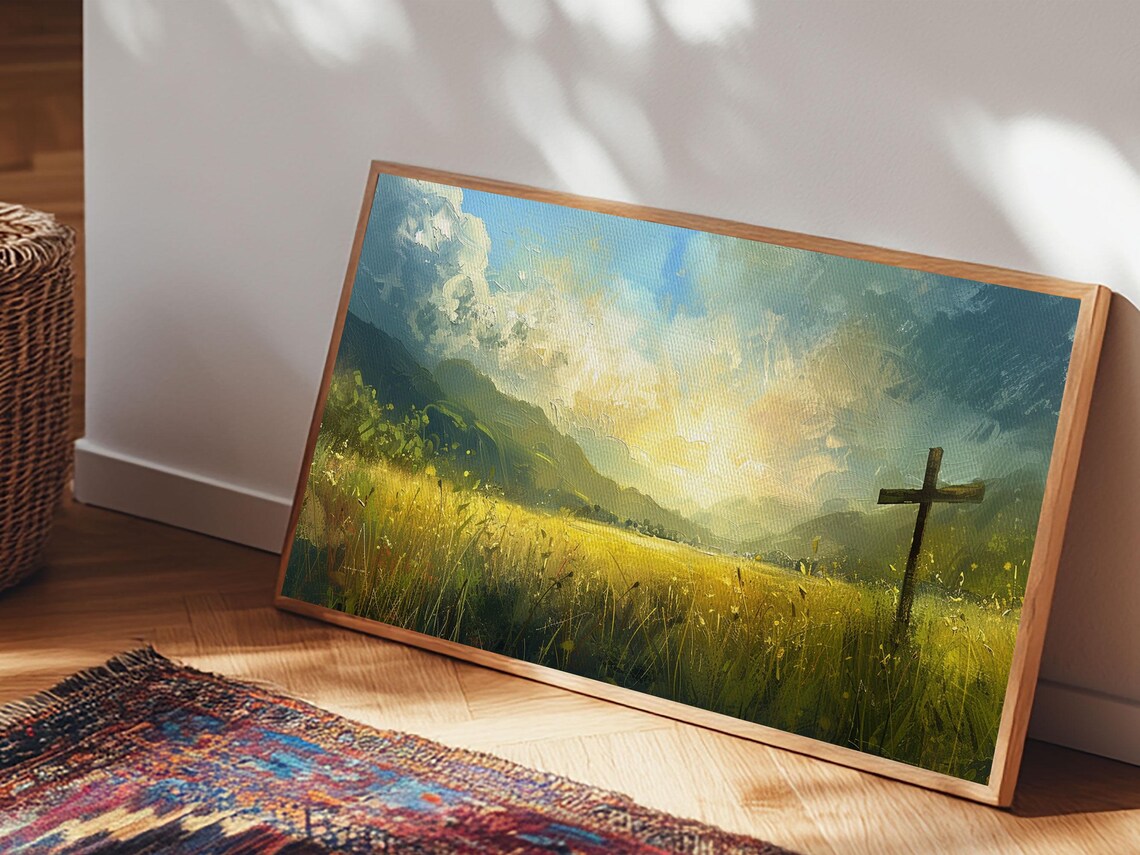 Cross In Golden Field Sunrise Grass Christian Faith Landscape Wall Art Poster - Image 3
