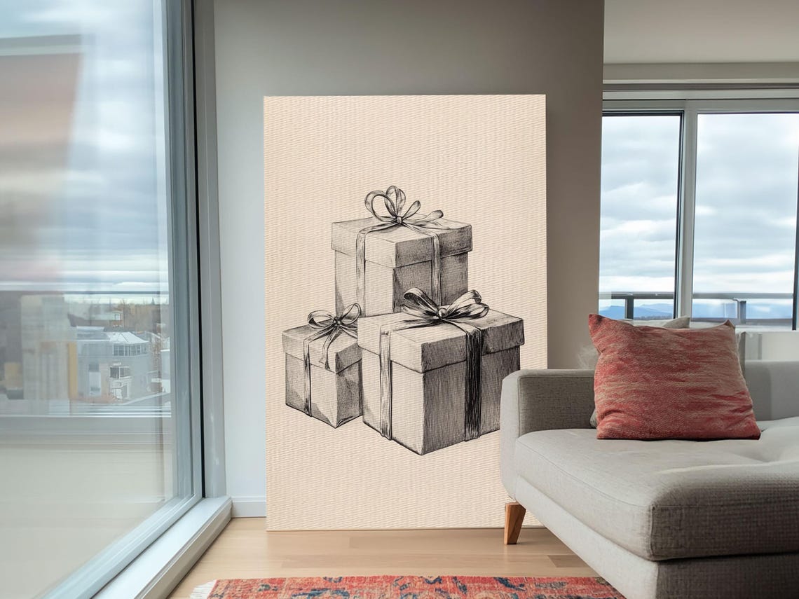 Stacked Christmas Gift Boxes Pencil Sketch Minimalist Holiday Poster - Image 3