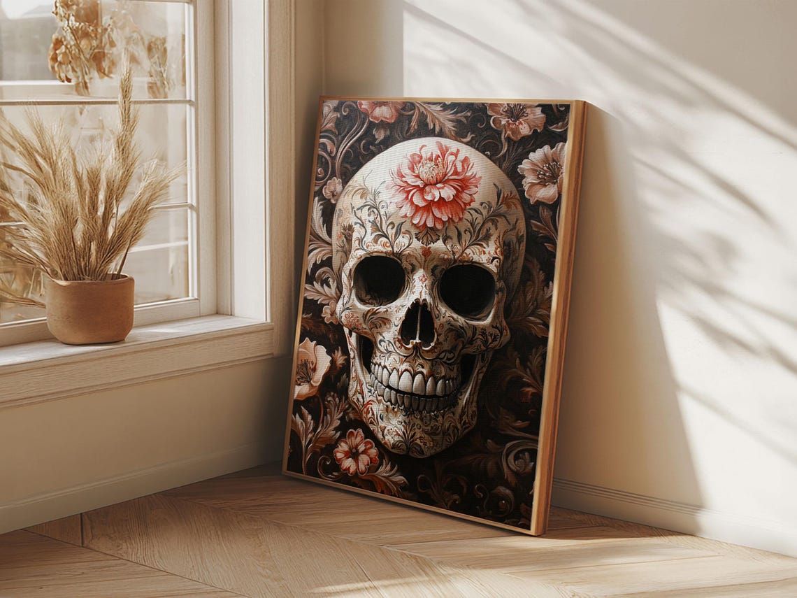 White Floral Skull Blossom Gothic Dark Botanical Skull Wall Art Poster - Image 2