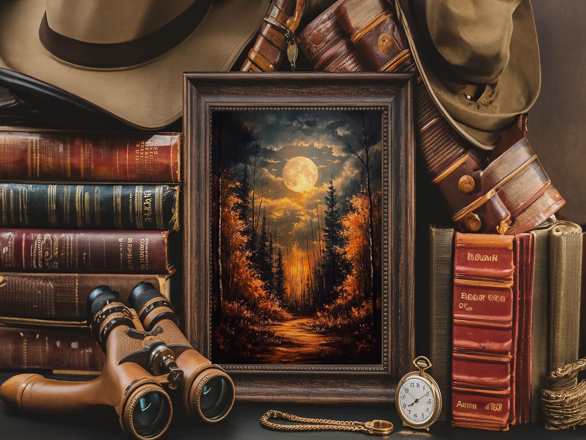 Full Moon Over Spooky Autumn Forest Golden Night Path Art Print - Image 5