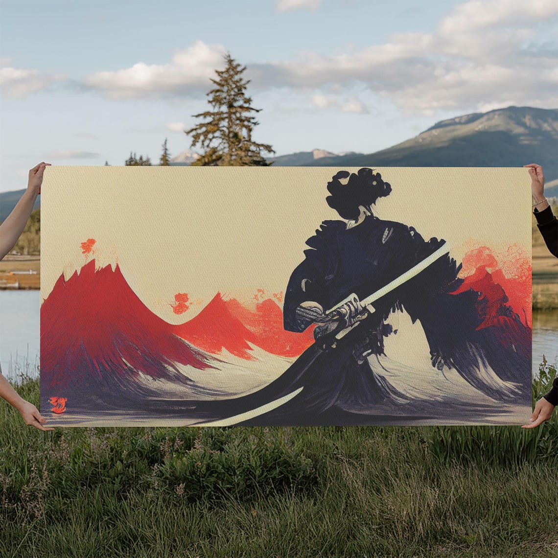 Japanese Samurai Superimposed Over Mountains Ready To Hang Print Wall Art Framed Wall Art Mancave Wall Art