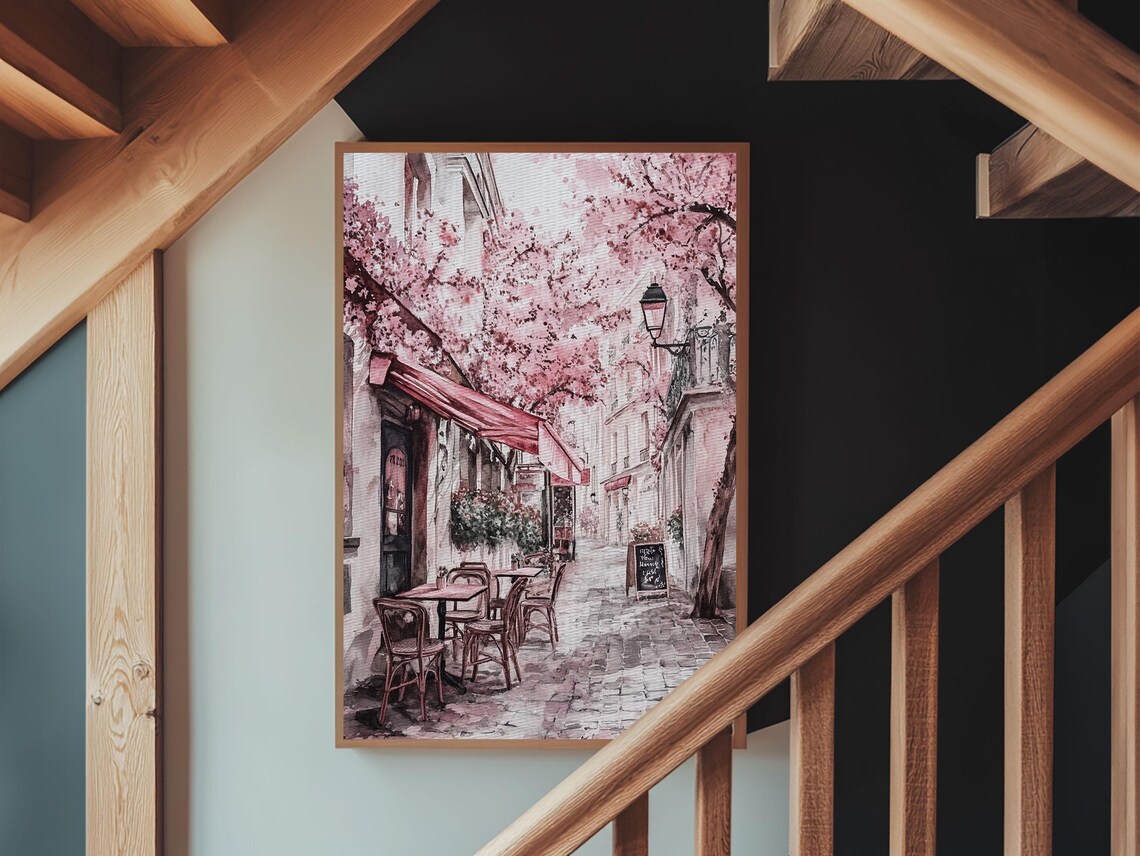 Paris Street Cafe Cherry Blossom Watercolor Print France Travel Poster - Image 6