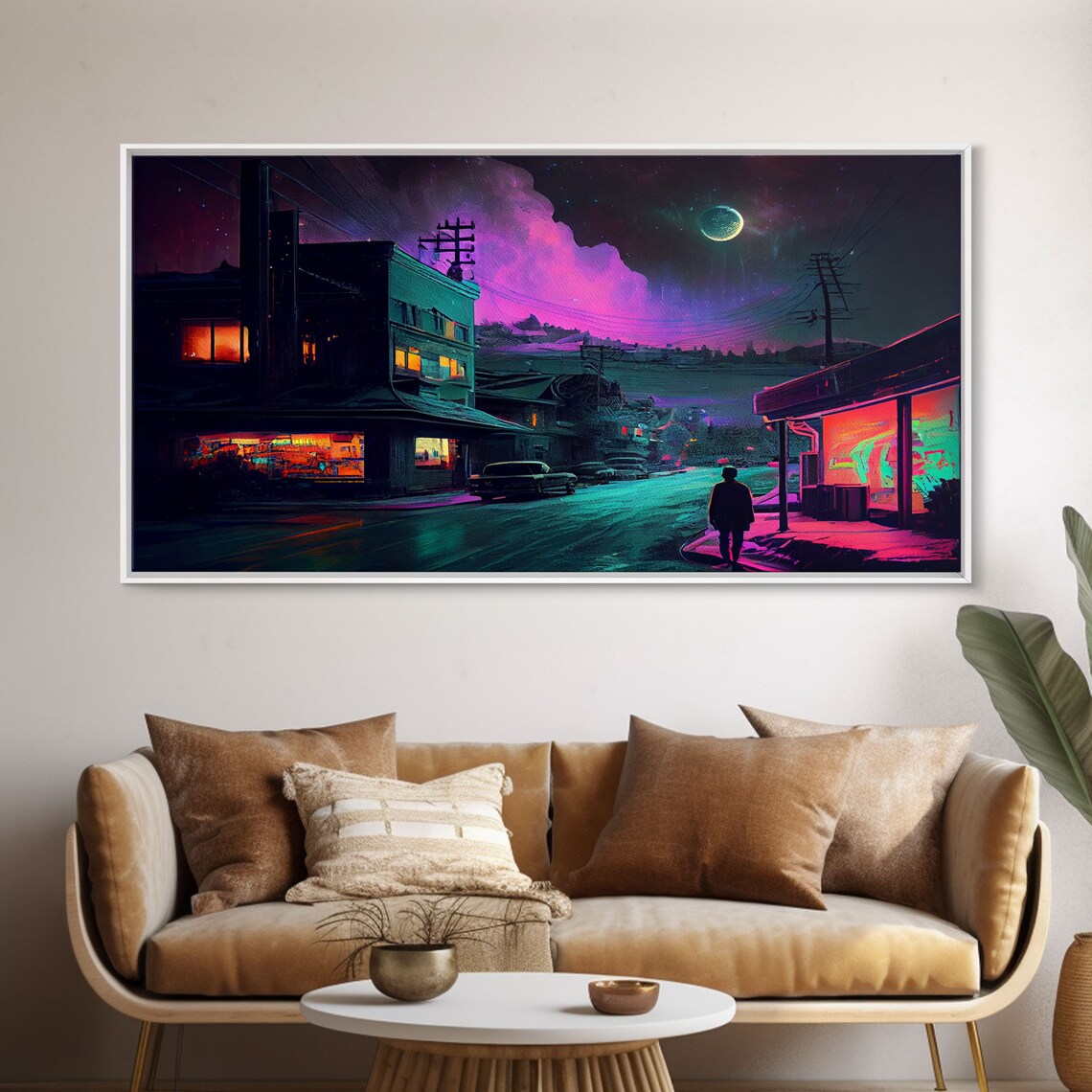 Neon City Street Night Moon Lone Figure Retro Sci Fi Town Poster - Image 5
