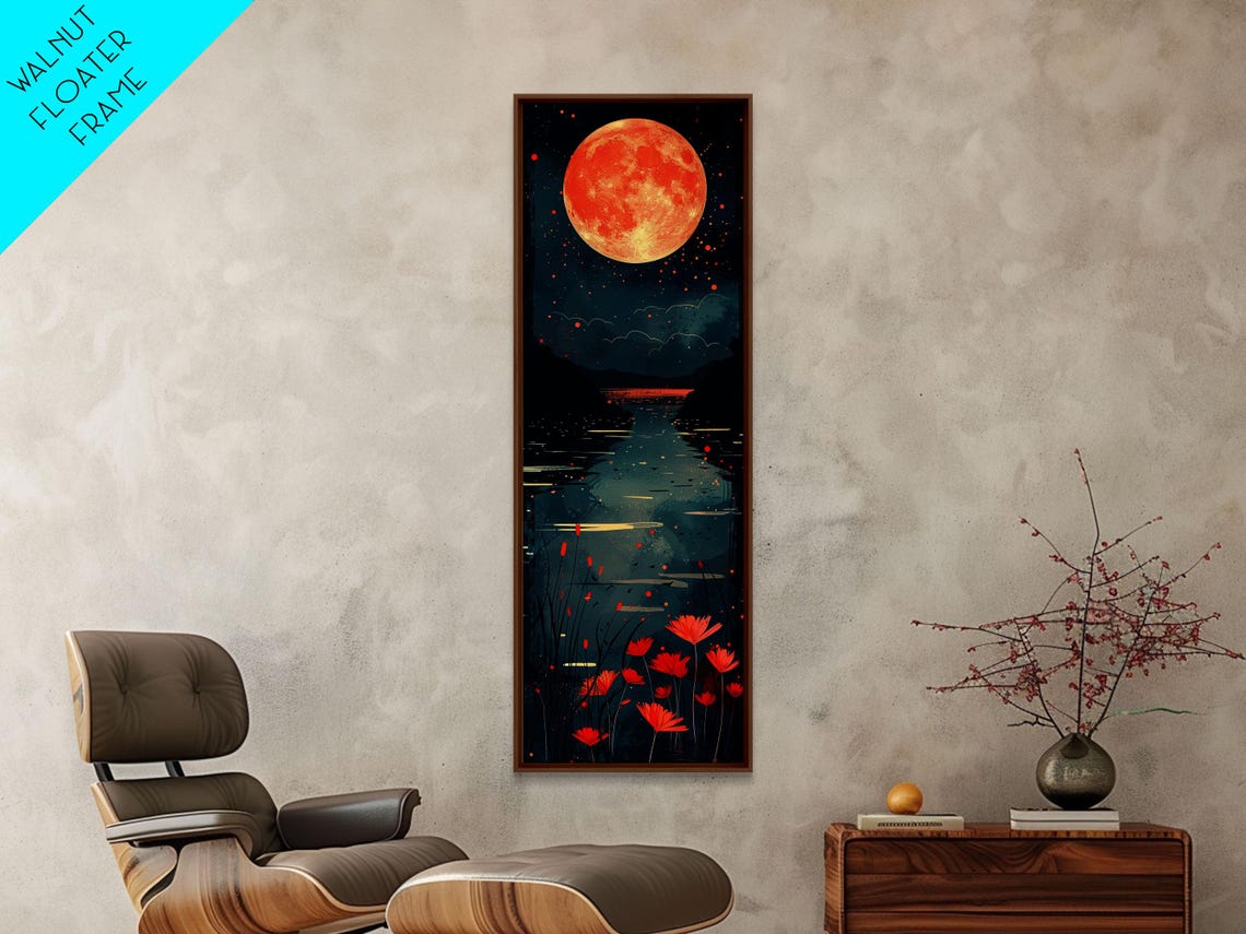 Vibrant Full Moon Over Lake Night Reflection Floral Art Print - Image 2