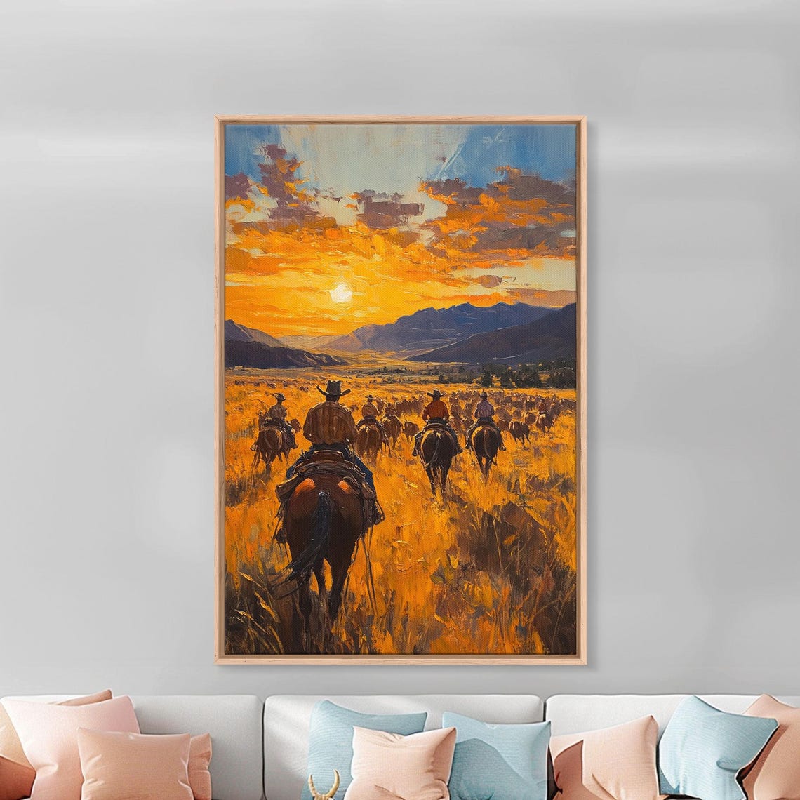 Cowboys Riding Cattle Drive At Golden Sunset Mountains Poster - Image 3