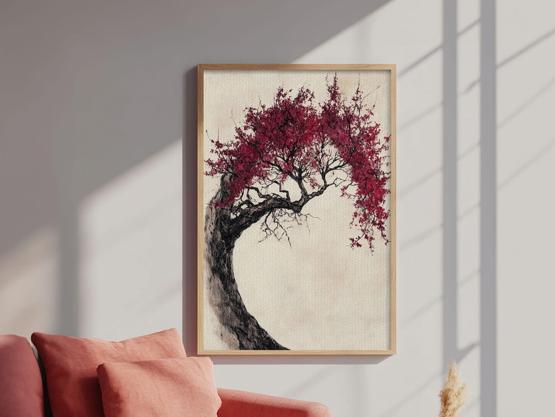 Japanese Maple Tree Red Foliage Wabi Sabi Ink Wash Minimalist Wall Art