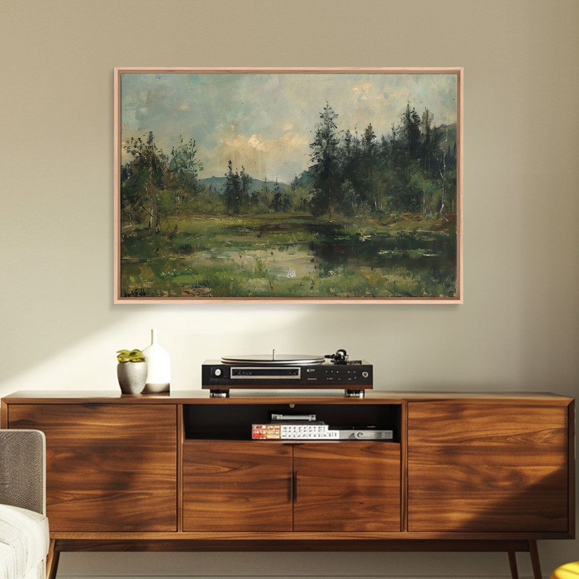 Summer Pine Forest Pond Reflections Calm Oil Landscape Poster - Image 3