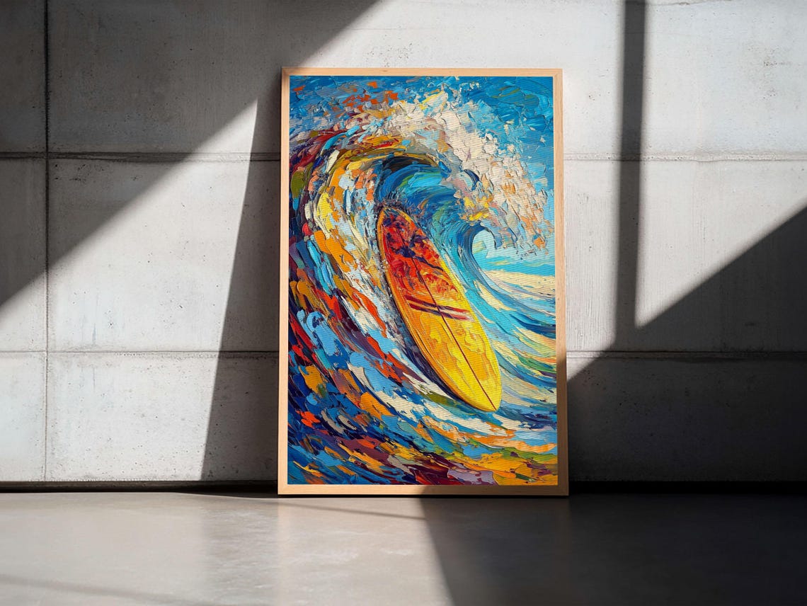 Yellow Surfboard Riding Blue Wave Abstract Ocean Surf Art Wall Poster - Image 6