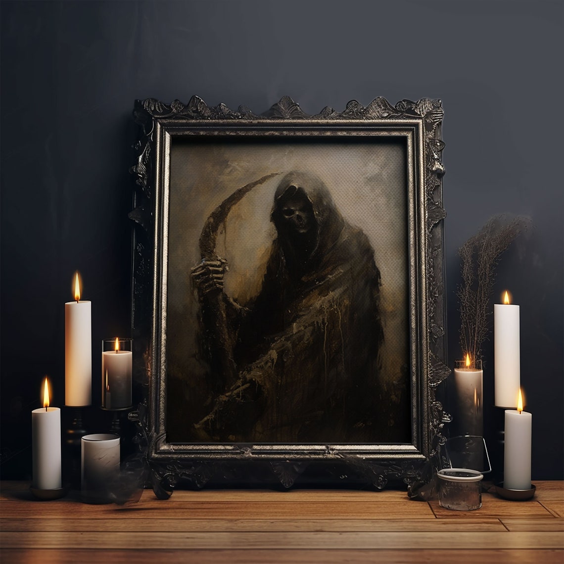 Grim Reaper Scythe Dark Gothic Sepia Oil Painting Horror Poster - Image 6