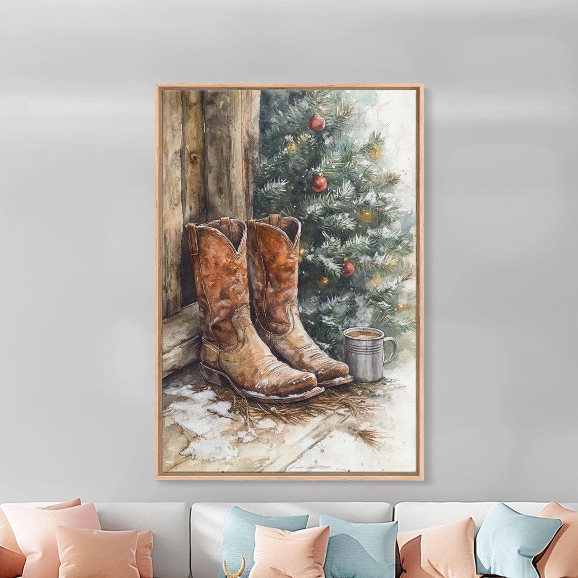 Cowboy Boots By Christmas Tree With Cocoa Mug Western Holiday Poster - Image 5