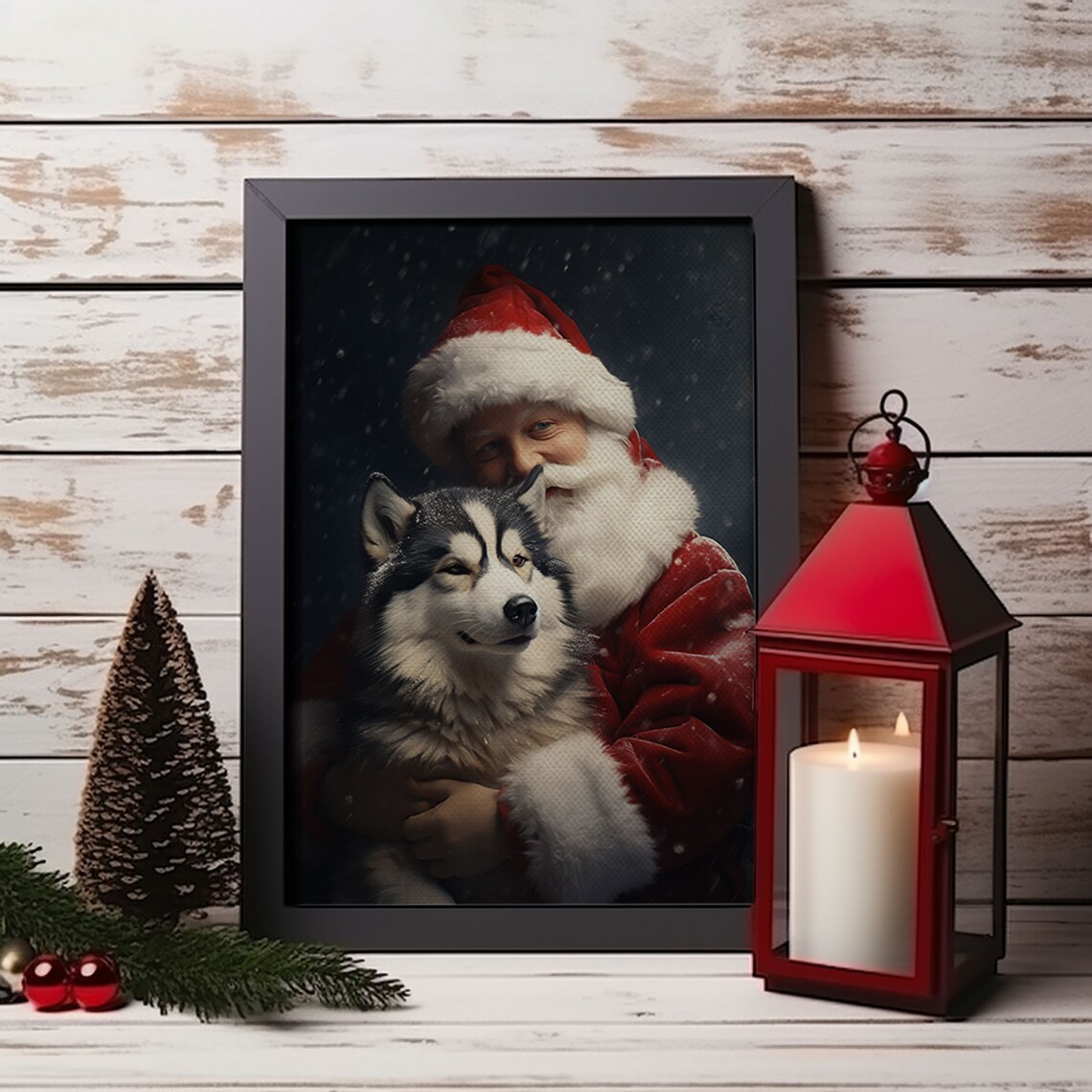 Santa Holding A Siberian Husky, Farmhouse Christmas Art - Image 5