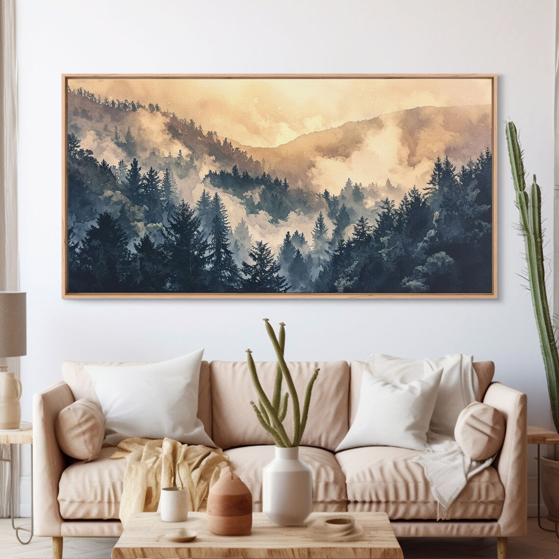 Misty Pine Forest Mountain Golden Sunrise Watercolor Art Poster - Image 3
