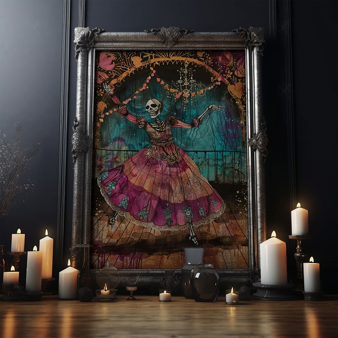 Skeleton Dancer Vibrant Magenta Dress Day Of Dead Art Poster - Image 4