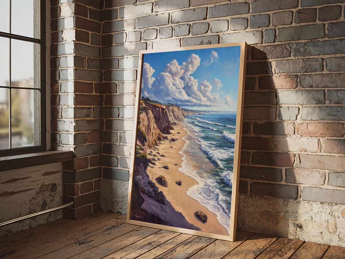 Sunny Beach Cliffs Turquoise Ocean Waves Coastal Seascape Art Poster - Image 4