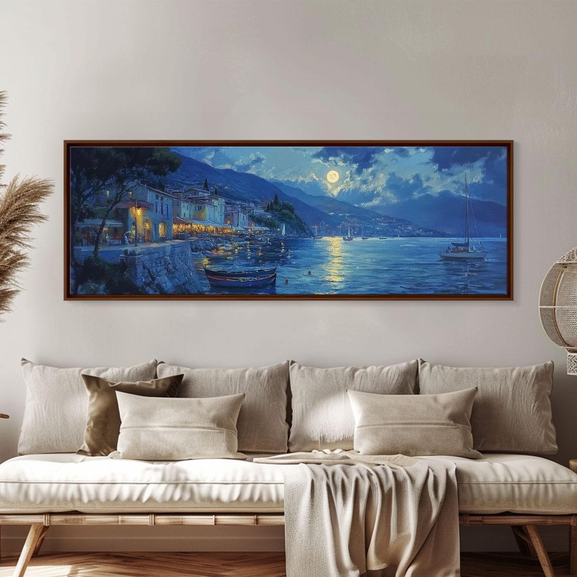 Fishing Village At Midnight Under Full Moon Harbor Night Poster