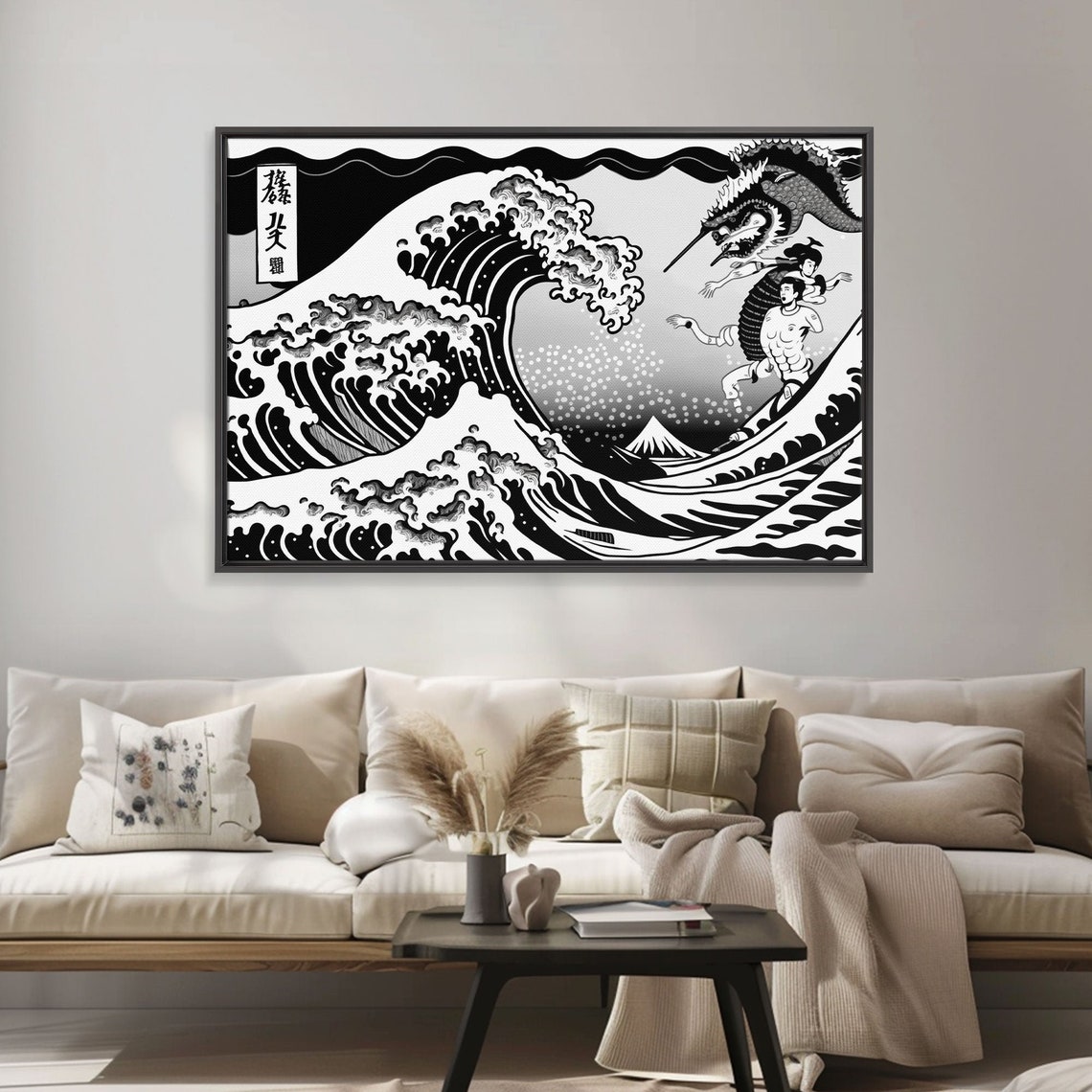 Beautiful Black And White Ocean Wave Wall Art Framed Print Retro Japanese Inspired Hokusai Style Wave Art - Image 6