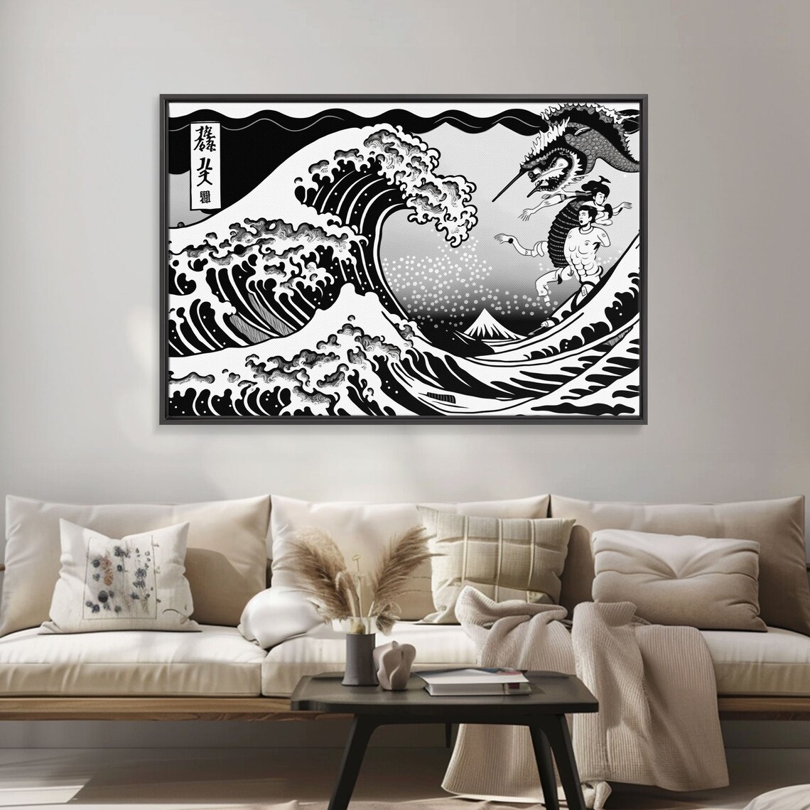 Great Wave Dragon Black White Japanese Woodblock Style Ocean Art Poster - Image 6